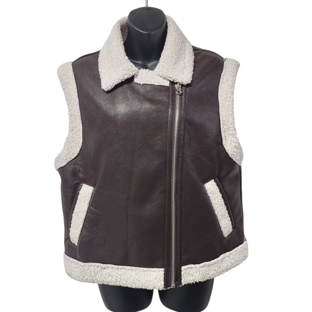 Love Tree Faux Leather Sherpa Aviator Vest Brown Size Large Moto Biker Shearling